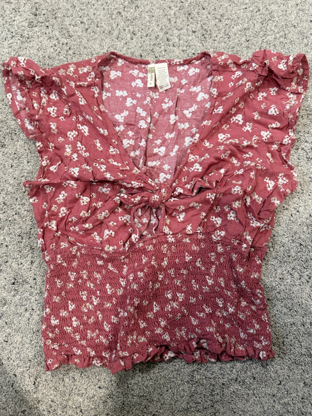 Japna Dusty Rose Floral Tie-Front Smocked Crop Top